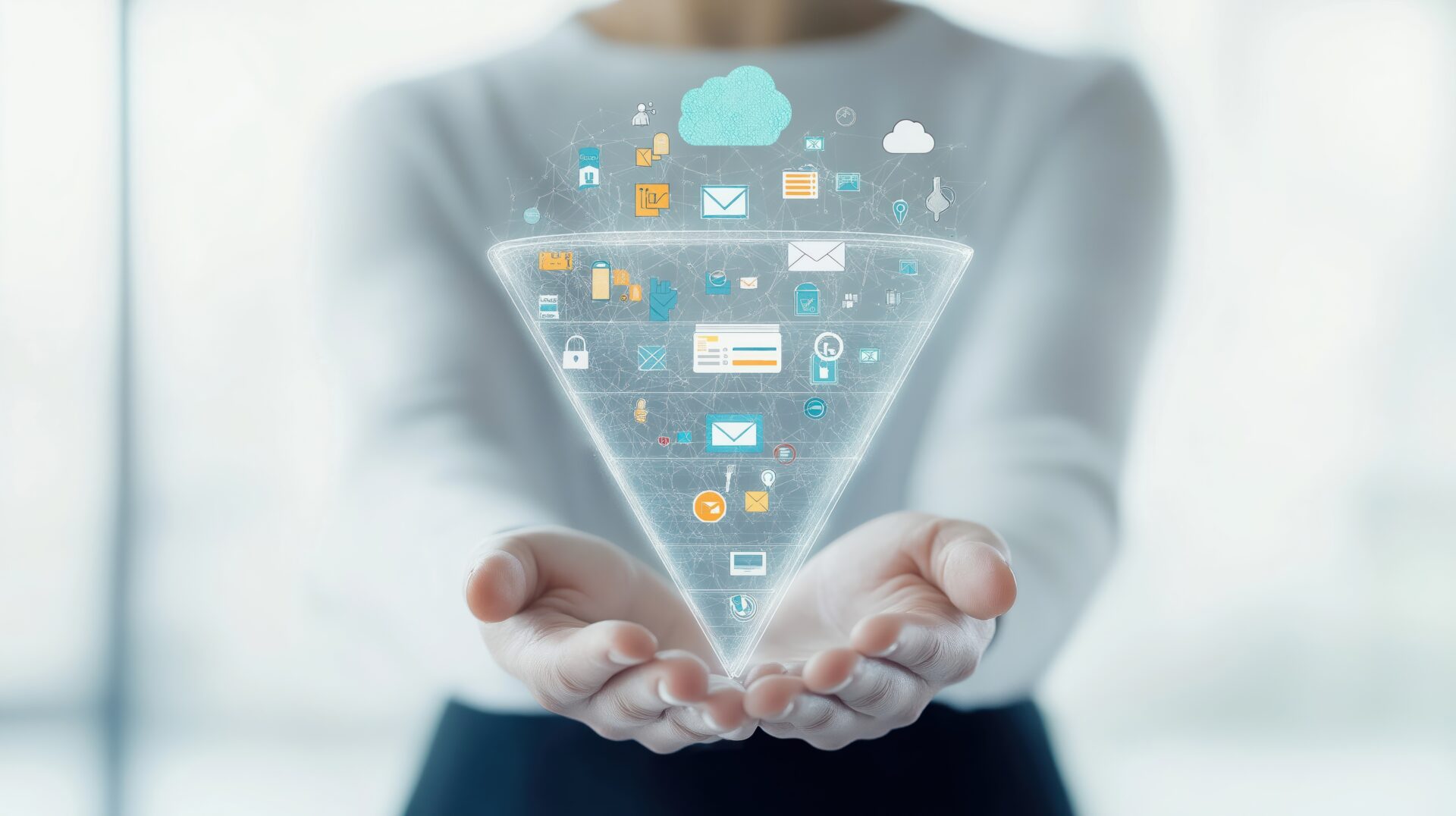 Person holds digital marketing funnel with various icons. Process visualizes prospect conversion to customer. Tech solution for sales improvement. Concept for online, business growth. Focuses on