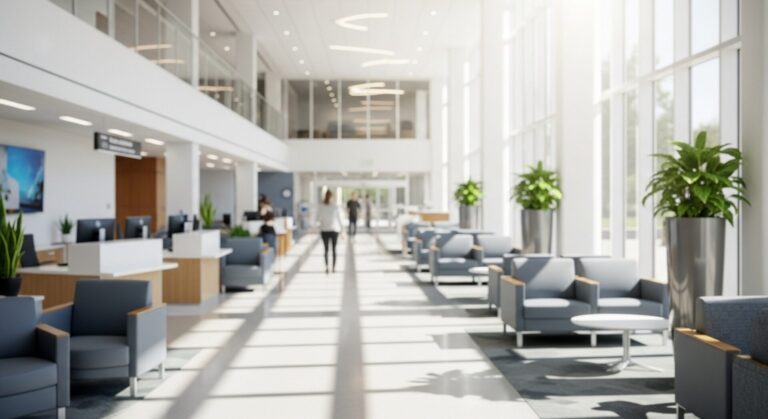 Soft Focus Modern Waiting Area Interior with Natural Light and Chairs