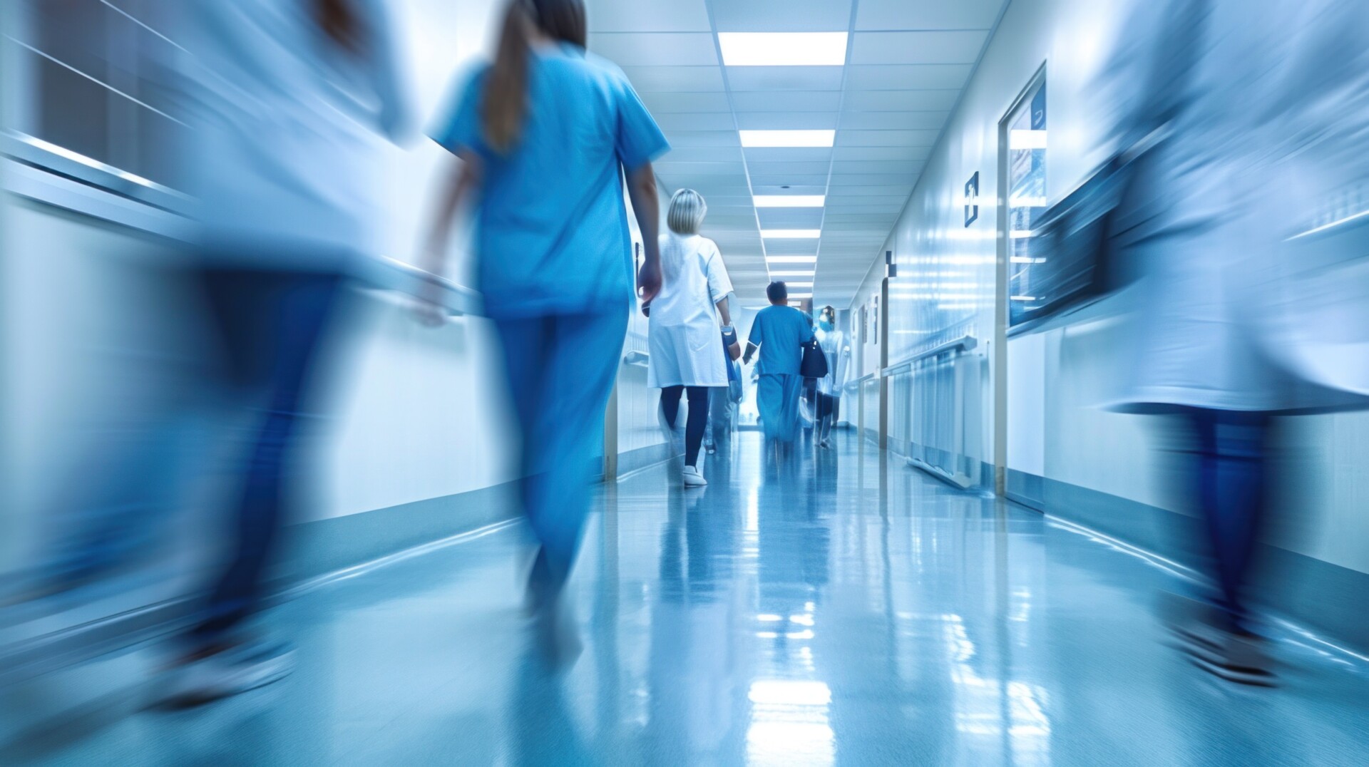 Doctors or nurses walking in hospital hallway, blurred motion