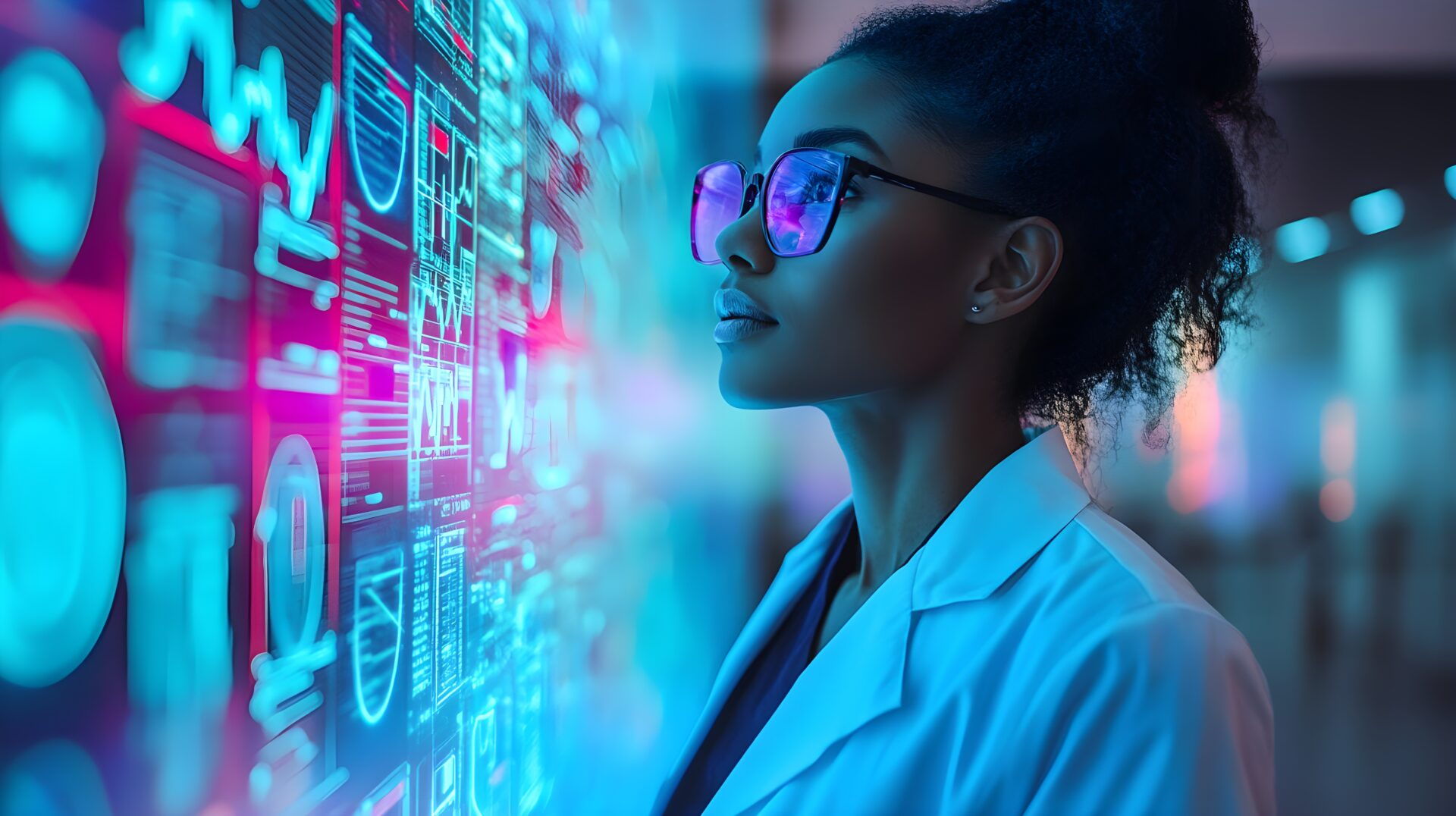 Side profile of a Black female pharmacist analyzing holographic AI data in a futuristic lab, neon lights reflect on her face, glowing medical charts hover in front of her, digital art, sci-fi style