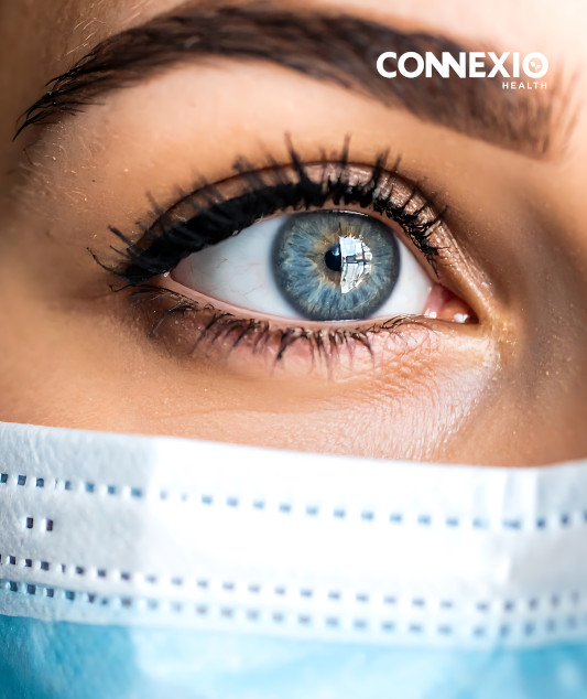 Close up of half of the face of woman wearing surgical mask